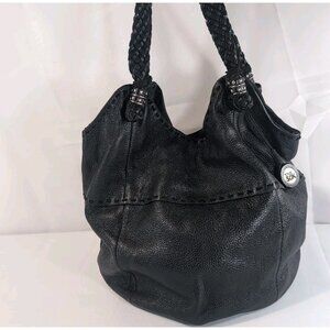 The Sak Leather Woven Strap Hobo Shoulder Bag Purse Black Silver Hardware Boho